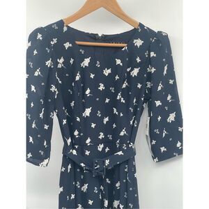 Trixxi Dress Women Size Small Navy Blue Belted Floral 3/4 Puff Sleeve New